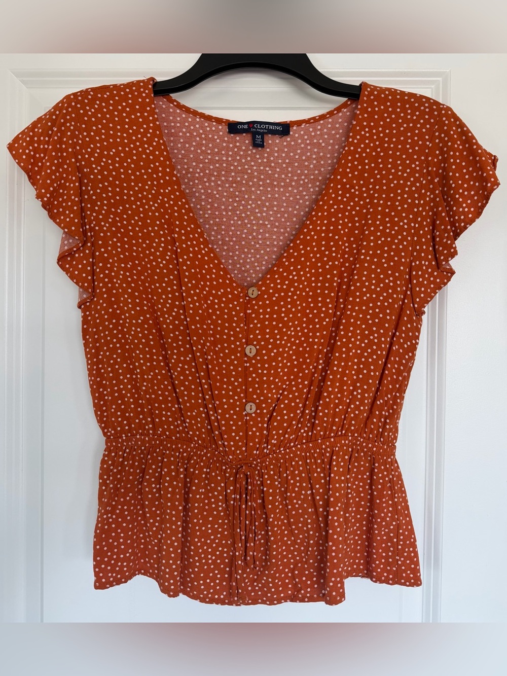 One Clothing Los Angeles Rust Orange Polka Dot Button-Front Peplum Blouse size M